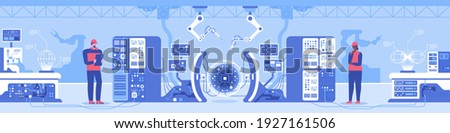 Modern automated production with robotic technology concept. Robot hands create huge microchip, worker engineers control process on high-tech equipment. Vector character illustration of tech industry