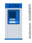 Modern automated teller machine front view 2D cartoon object. Standalone ATM cashpoint terminal with screen, keypad, card slots isolated element flat vector clip art on white. Spot illustration