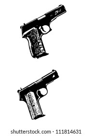 Modern automatic hand gun vector pistols, black isolated on white background - vector illustration image