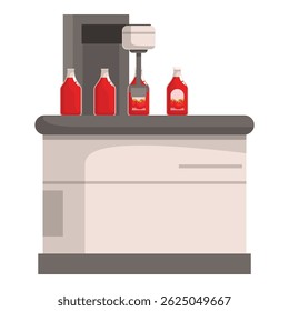 Máquina automática moderna derramando ketchup em garrafa de vidro na correia transportadora na fábrica de alimentos