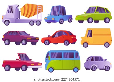 Modern automobiles icon set concept in the flat cartoon design. Images of several types of cars for different types of work. Vector illustration.