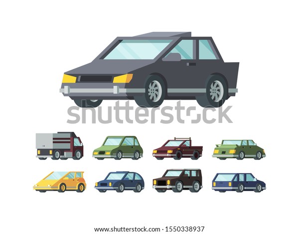 Modern automobiles models flat vector\
illustrations set. Cars bundle. Collection of different vehicles.\
Sedan, minivan, pickup isolated cliparts color pack on white\
background. Transport\
design