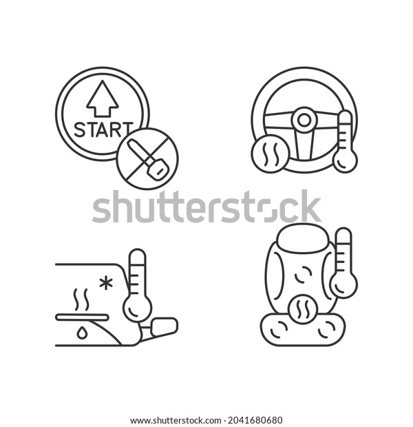 Modern automotive features linear icons set. Push\
button start. Providing comfort to driver. Defrosting. Customizable\
thin line contour symbols. Isolated vector outline illustrations.\
Editable stroke
