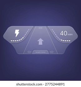 Modern automotive HUD interface showing navigation, speed, and driver assistance for smart mobility applications