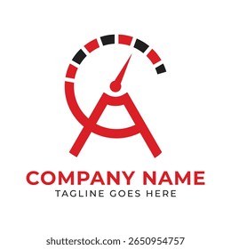 Design de logotipo automóvel moderno com velocímetro e letra A simbolizando aceleração e precisão