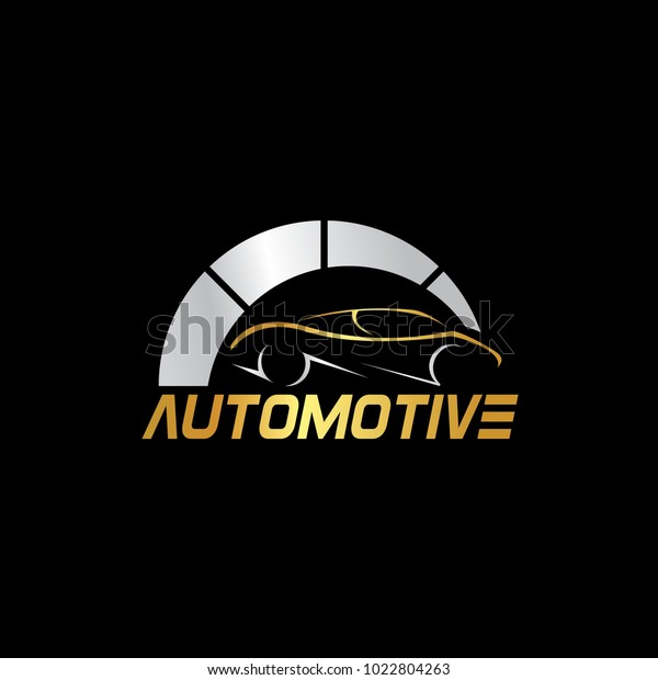 modern Automotive Logo Template
with car illustration in gold and silver color on black
background