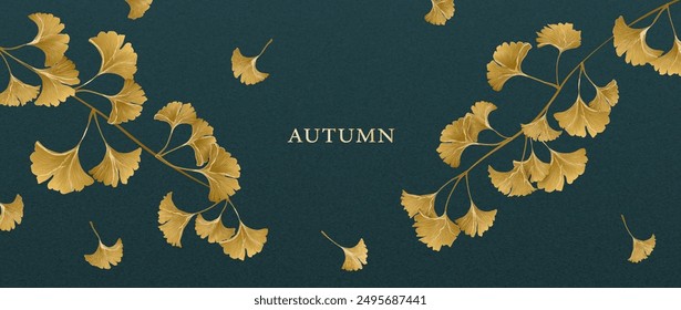 Modern autumn art background with yellow ginkgo leaves with golden line elements. Botanical fall banner for decor, wallpaper, social media, flyer, print, invitation, cover.