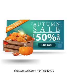 Modern autumn discount green 3D banner with button, wooden crates of ripe pumpkins and autumn eaves