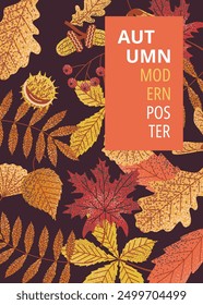 Modern autumn poster with vibrant leaves on dark background. Perfect for seasonal designs, greeting cards, and digital projects. Warm, inviting fall theme with colorful leaf illustrations.