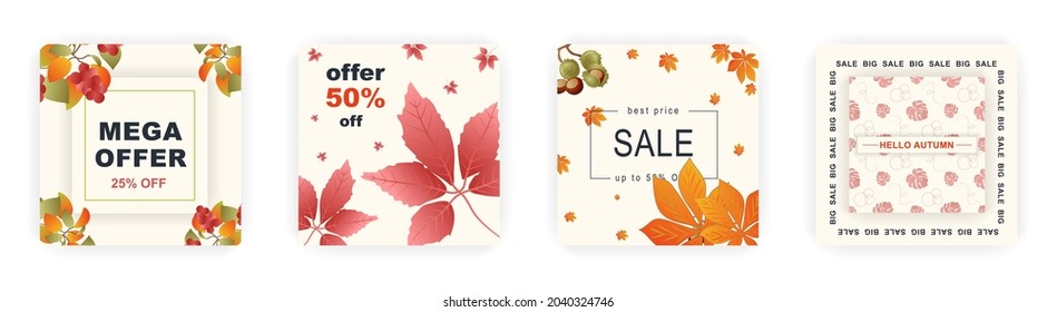 Modern autumn square sale poster templates with floral and geometric pattern. Suitable for social media posts, poster, mobile apps, banners design and web ads, vector backgrounds, promotion materials.