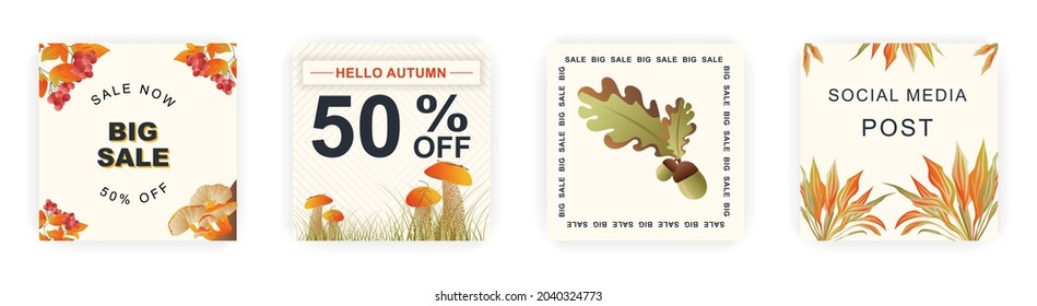 Modern autumn square sale poster templates with floral and geometric pattern. Suitable for social media posts, poster, mobile apps, banners design and web ads, vector backgrounds, promotion materials.