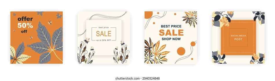 Modern autumn square sale poster templates with floral and geometric pattern. Suitable for social media posts, poster, mobile apps, banners design and web ads, vector backgrounds, promotion materials.