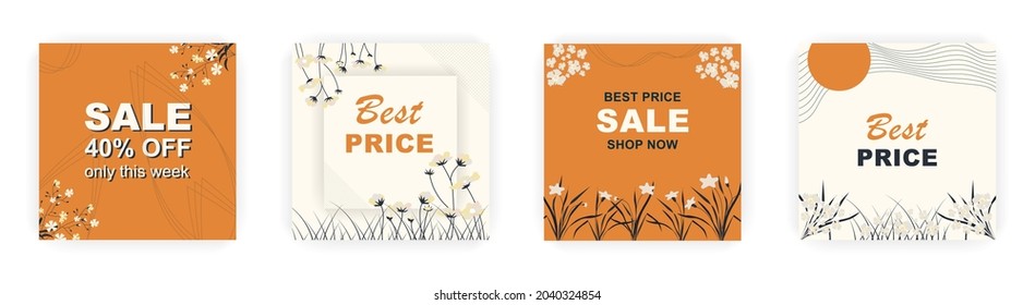 Modern autumn square sale poster templates with floral and geometric pattern. Suitable for social media posts, poster, mobile apps, banners design and web ads, vector backgrounds, promotion materials.