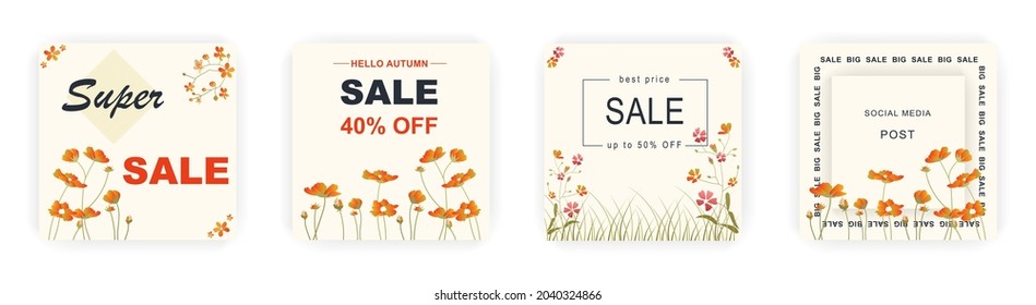 Modern autumn square sale poster templates with floral and geometric pattern. Suitable for social media posts, poster, mobile apps, banners design and web ads, vector backgrounds, promotion materials.