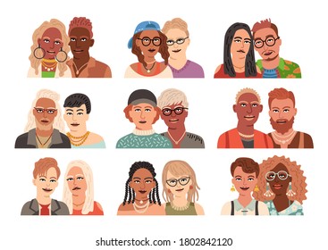 Modern avatars of couples set. Bundle of male, female and transgender romantic partners isolated on white background. Collection of flat portraits. Vector illustration in flat cartoon style.