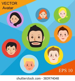 Modern avatars flat lines. Conceptual illustration of a professional team. Human resources. The close-knit team with a competent leader. Beautiful faces on the avatar banners symbols.