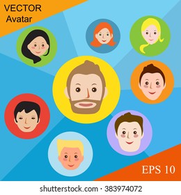 Modern avatars flat lines. Conceptual illustration of a professional team. Human resources. The close-knit team with a competent leader. Beautiful faces on the avatar banners symbols.
