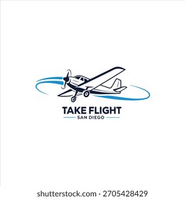 A modern aviation logo featuring a small airplane in mid-flight with a dynamic swoosh trail in blue, symbolizing movement, freedom, and adventure. Bold, clean typography highlights the brand name “Tak