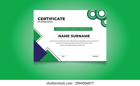 Modern Award Certificate Design, Certificate Of Achievement, Colored Green, Blue Certificate Template.