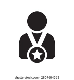 Modern award winner user vector icon featuring a person with a medal. Perfect for achievement, recognition, employee rewards, customer loyalty, top performer, success, ranking, and business excellence concepts.