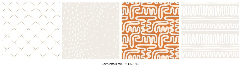 Modern aztec seamless pattern set in cozy autumn orange and beige colours. Maze and zig zag endless vector designs.