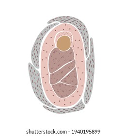 Modern baby in boho Scandinavian style. abstract minimalism. Newborn baby in a cocoon. Ideal for postcards, parties, social media stories and bloggers

