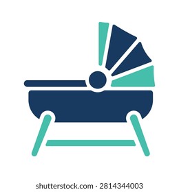 Modern baby cradle icon with a simple flat design and blue and green colors for infant care and nursery concepts representing a comfortable sleeping space for newborns and toddlers