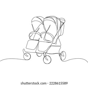 Modern baby double stroller one line art. Continuous line drawing of childhood, safety, protection, transportation, personal, classic style, for winter.