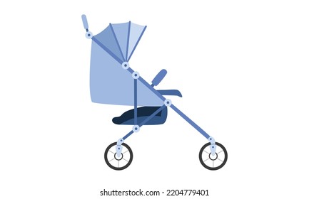 Modern baby stroller clipart. Simple baby stroller flat vector illustration. Children, toddler baby stroller side view cartoon style icon. Kids, baby shower, newborn and nursery decoration concept