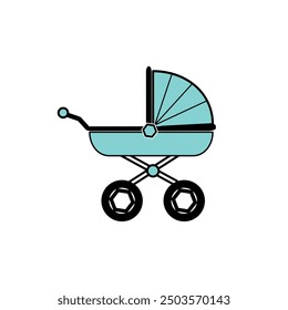 modern baby stroller, comfortable, practical, salad-colored, isolated on a white background, logo for a stroller store