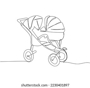 Modern baby stroller for twins one line art. Continuous line drawing of childhood, safety, protection, transportation, personal, classic style, for winter.