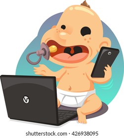 modern baby with technology cartoon illustration