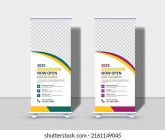 Modern Back to school admission roll up banner template Premium Vector, school admission roll up banner design for school, college, university, and coaching center.