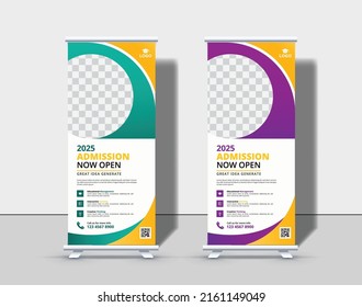 Modern Back to school admission roll up banner template Premium Vector, school admission roll up banner design for school, college, university, and coaching center.