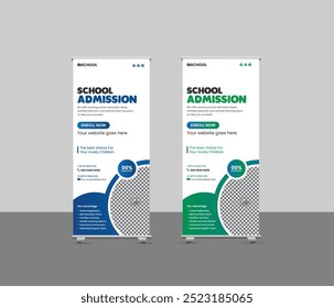 Moderna Plantilla de Anuncio de admisión de regreso a la escuela, Diseños de Anuncio de admisión escolar y Anuncios de stand para universidades y centros de entrenamiento