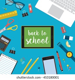 Modern back to school background with digital tablet, laptop computer and flat school supplies