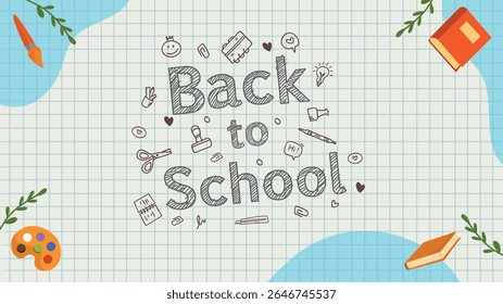 Modern back to school background with light blue grid pattern art supplies doodle leaves and simple decorations