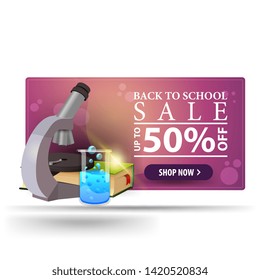 Modern back to school discount pink 3D banner with button, microscope, books and chemical flask