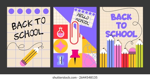 Modern back to school geometric posters collection - trendy educational designs with grid patterns, colorful shapes, pencils and science elements. Classroom decor or academic promotional materials.