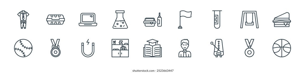 modern back to school icon pack. perfect for linear ui designs featuring vector basketball, medal, metronome, student, online learning, book shelf, magnet and more icons for mobile and web apps.