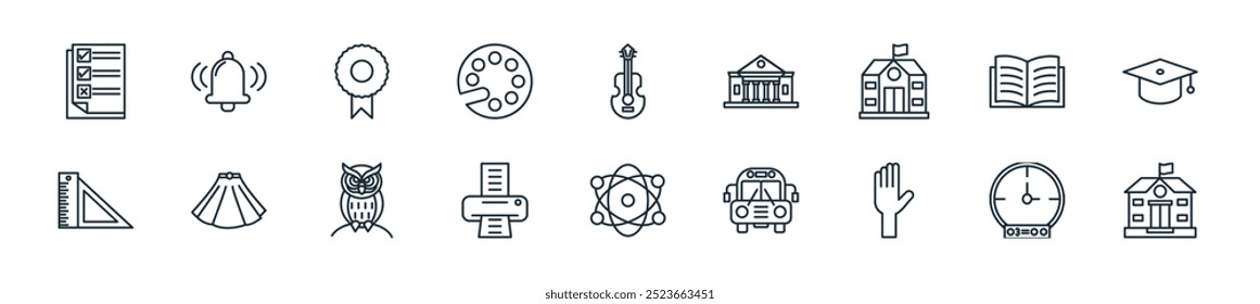 modern back to school icon pack. perfect for linear ui designs featuring vector school, alarm clock, raise hand, school bus, atomic, printer, owl and more icons for mobile and web apps.