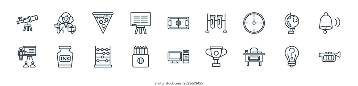 modern back to school icon pack. perfect for linear ui designs featuring vector et, idea, teacher desk, soccer cup, computer, pencil color, abacus and more icons for mobile and web apps.