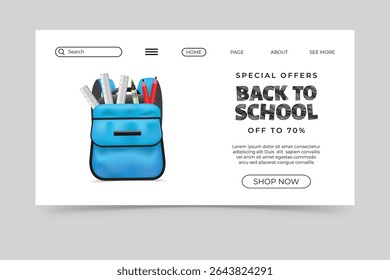 Modern back to school sale banner with school backpack and stationery. Ideal for education ads and promotions.