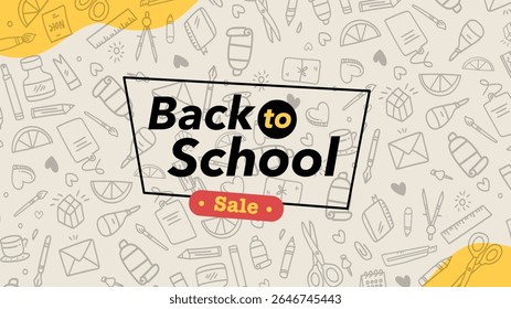 Modern back to school sale banner vector with doodle pattern background and abstract yellow corner design