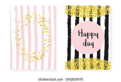 Modern Backdrop. Golden Polka Frame. Rose Holiday Painting. Scandinavian Particle Set. White Print. Stripe Festive Card. Pink Carnival Element. Stripe Modern Backdrop