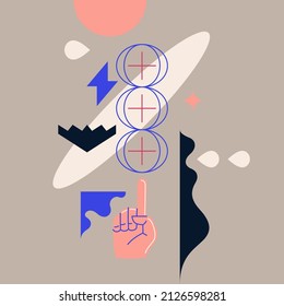 A modern background with abstract elements, dynamic shapes and a hand gesture. Compositions of colored spots.