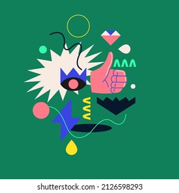 A modern background with abstract elements, dynamic shapes and a hand gesture. Vector illustration.
