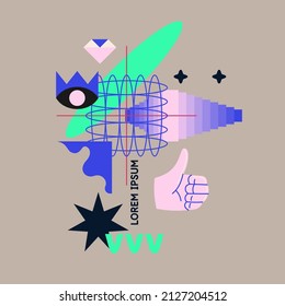 A modern background with abstract elements, dynamic shapes and a hand gesture. Compositions of colored spots.