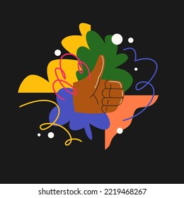 A modern background with abstract elements, dynamic shapes and a hand gesture. Vector illustration.