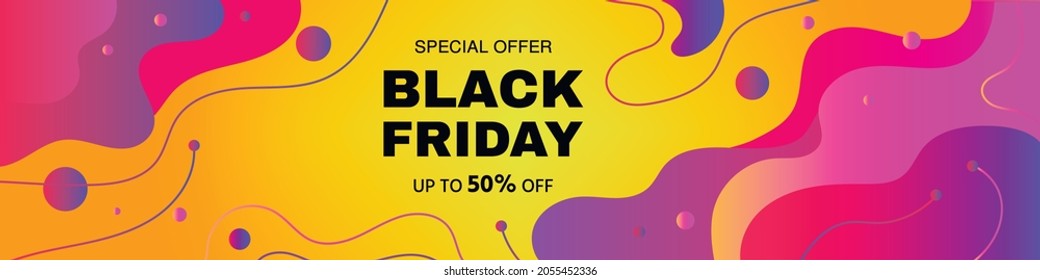 Modern background with abstract flowing elements and dynamic geometric shapes. Black friday sale discount. Final sale up to 50% off. Special offer. Banner, vector illustration.